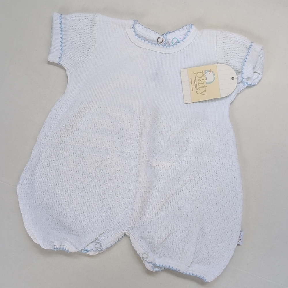 NWT: Paty White Knit Baby Romper with Blue Trim